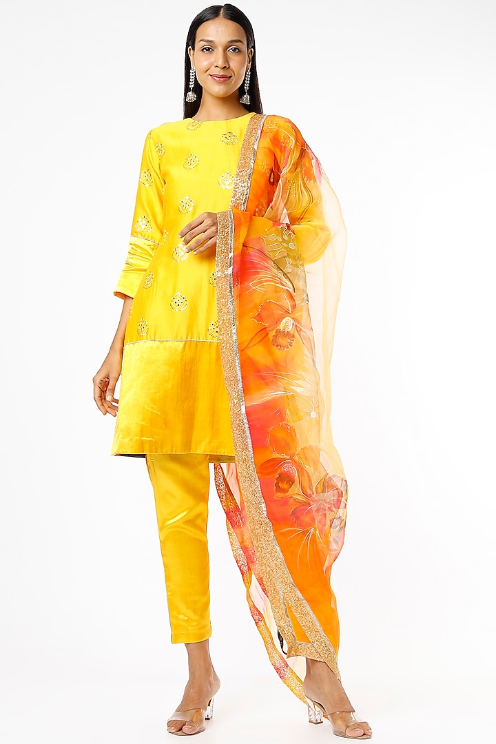 Bright Yellow Embroidered Kurta Set by Kriti Bapna