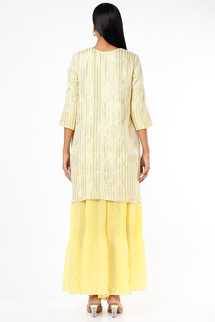 Pale Yellow Gota Striped & Embroidered Kurta Set by Kriti Bapna at Pernia's Pop Up Shop