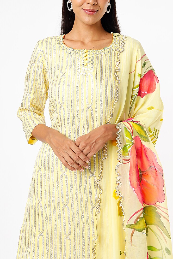 Pale Yellow Gota Striped & Embroidered Kurta Set by Kriti Bapna at Pernia's Pop Up Shop