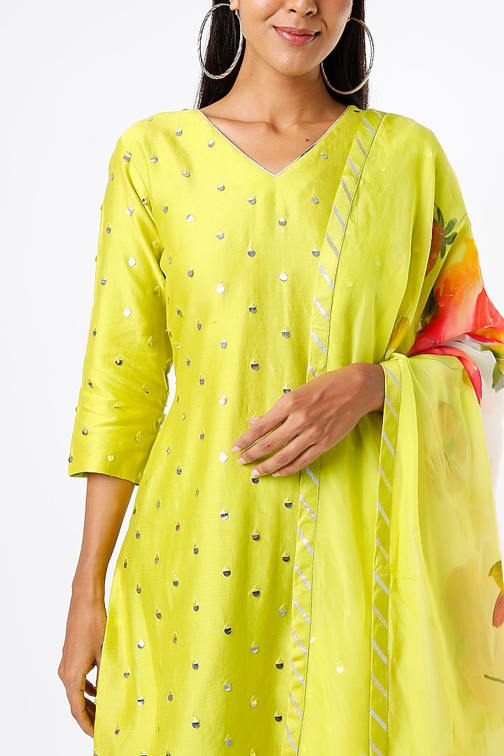 Lime Green Mirror Embroidered Kurta Set by Kriti Bapna at Pernia's Pop Up Shop