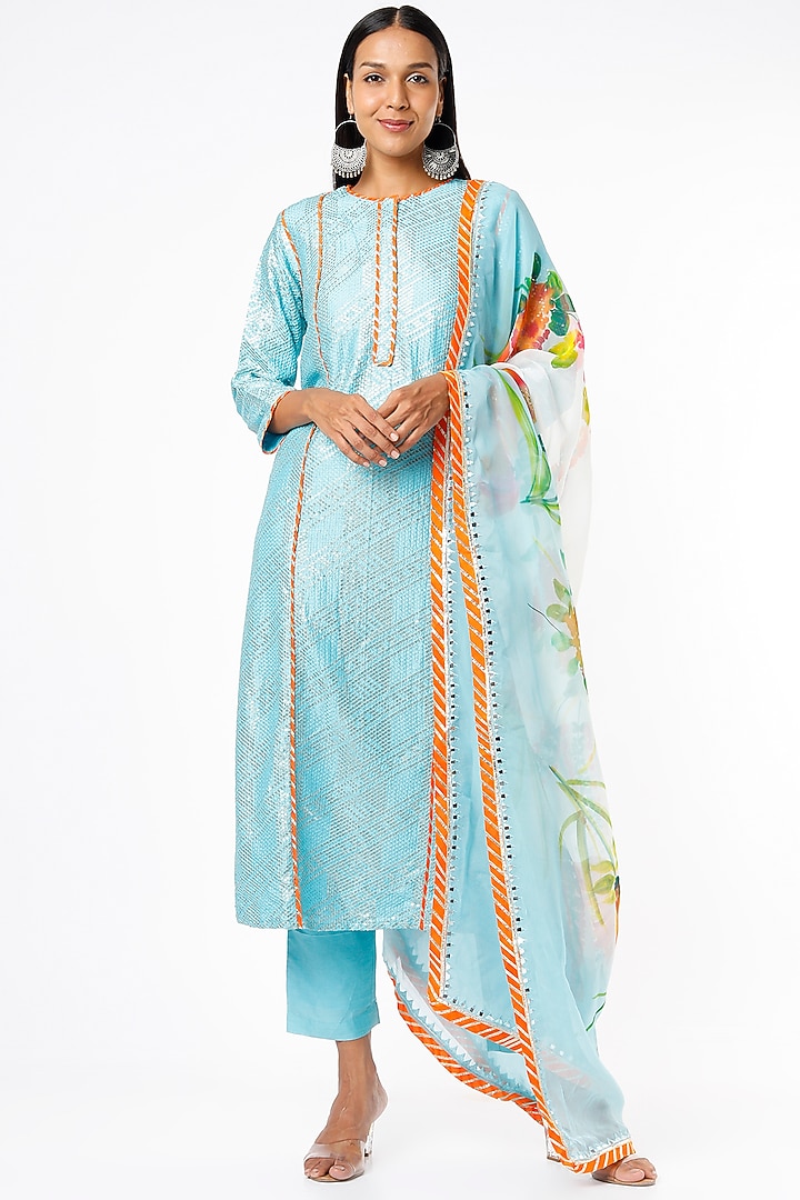 Sky Blue Leheriya Embroidered Kurta Set by Kriti Bapna at Pernia's Pop Up Shop