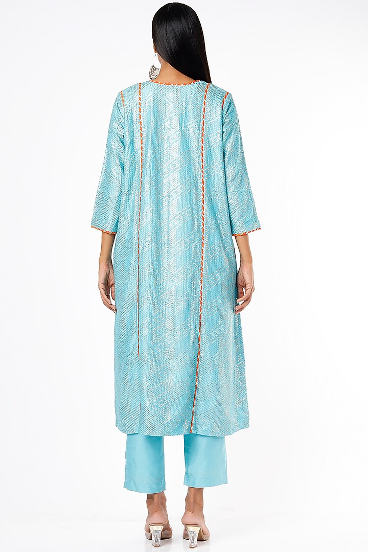 Sky Blue Leheriya Embroidered Kurta Set by Kriti Bapna at Pernia's Pop Up Shop