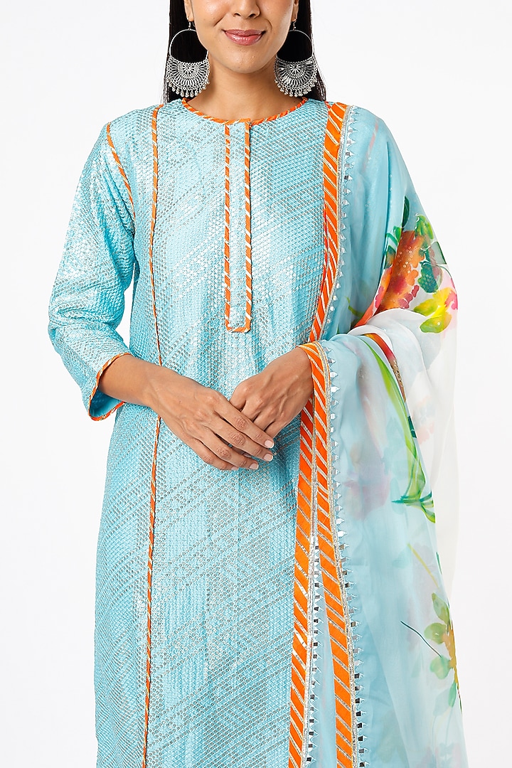 Sky Blue Leheriya Embroidered Kurta Set by Kriti Bapna at Pernia's Pop Up Shop
