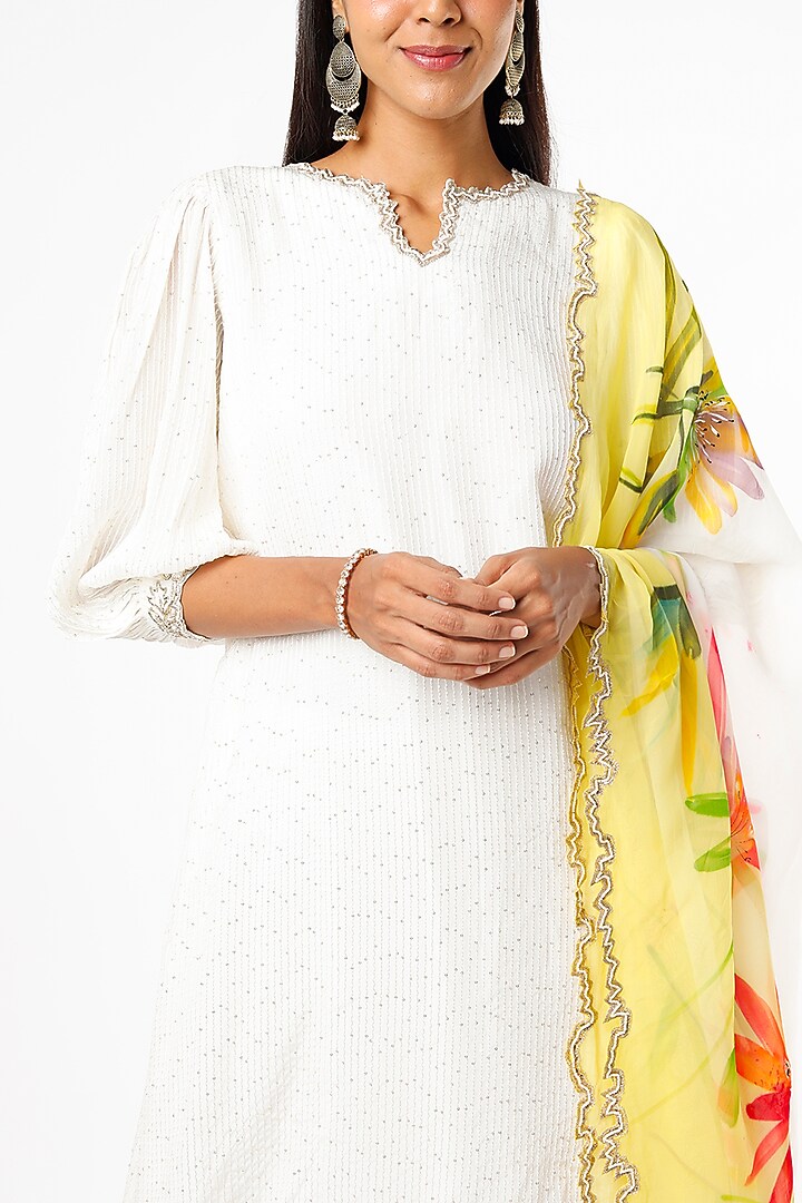 White Embroidered Asymmetrical Kurta Set by Kriti Bapna at Pernia's Pop Up Shop