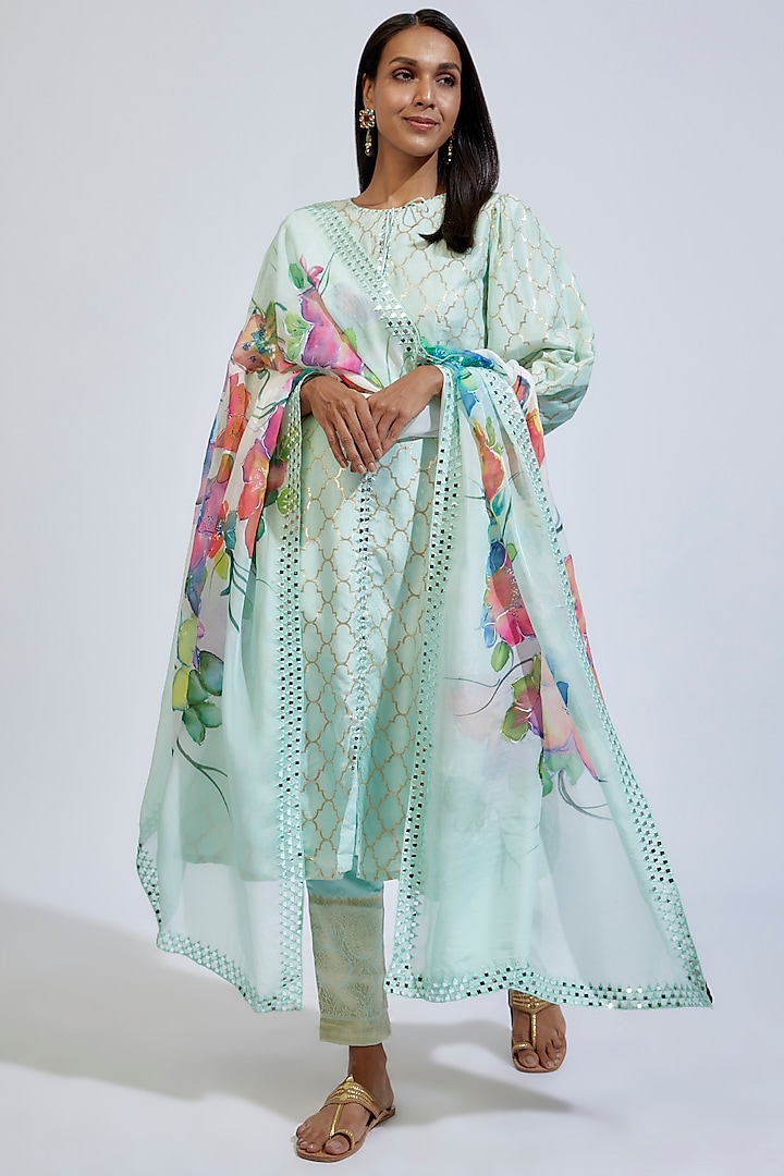 Mint Dupion Brocade Embroidered Kurta Set by Kriti Bapna at Pernia's Pop Up Shop