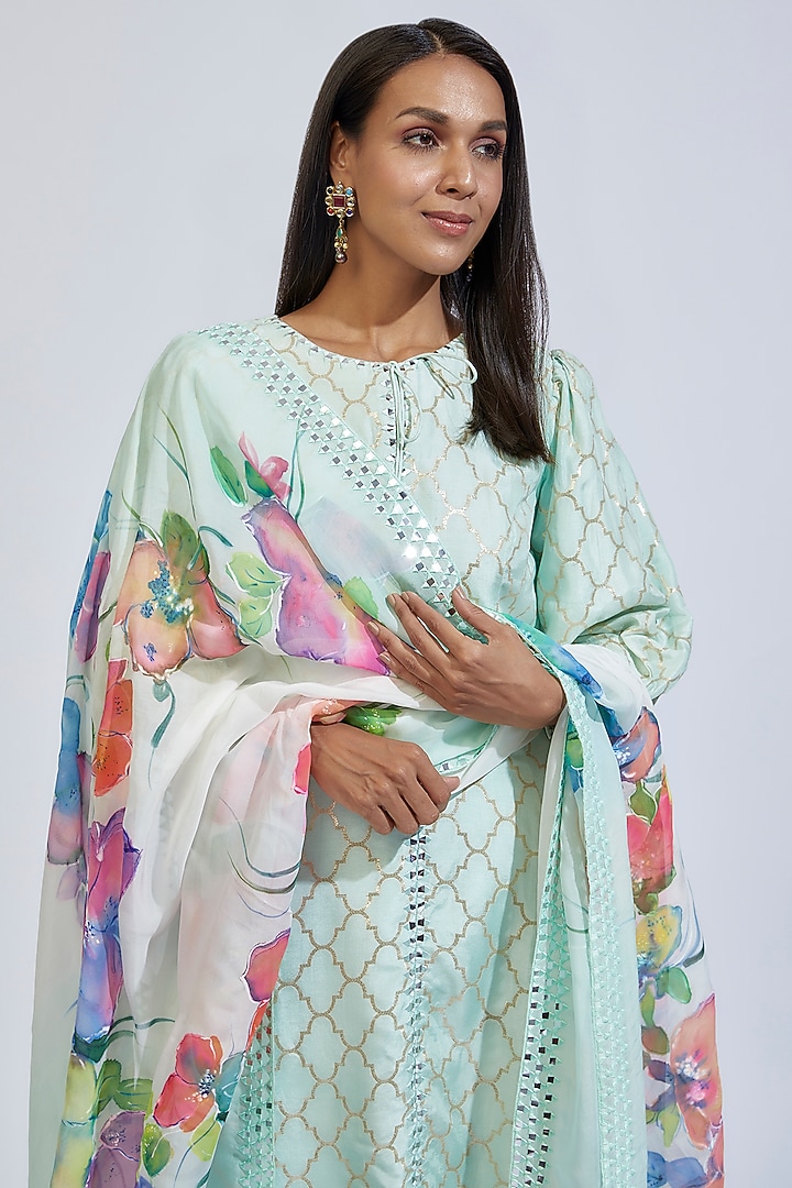Mint Dupion Brocade Embroidered Kurta Set by Kriti Bapna at Pernia's Pop Up Shop