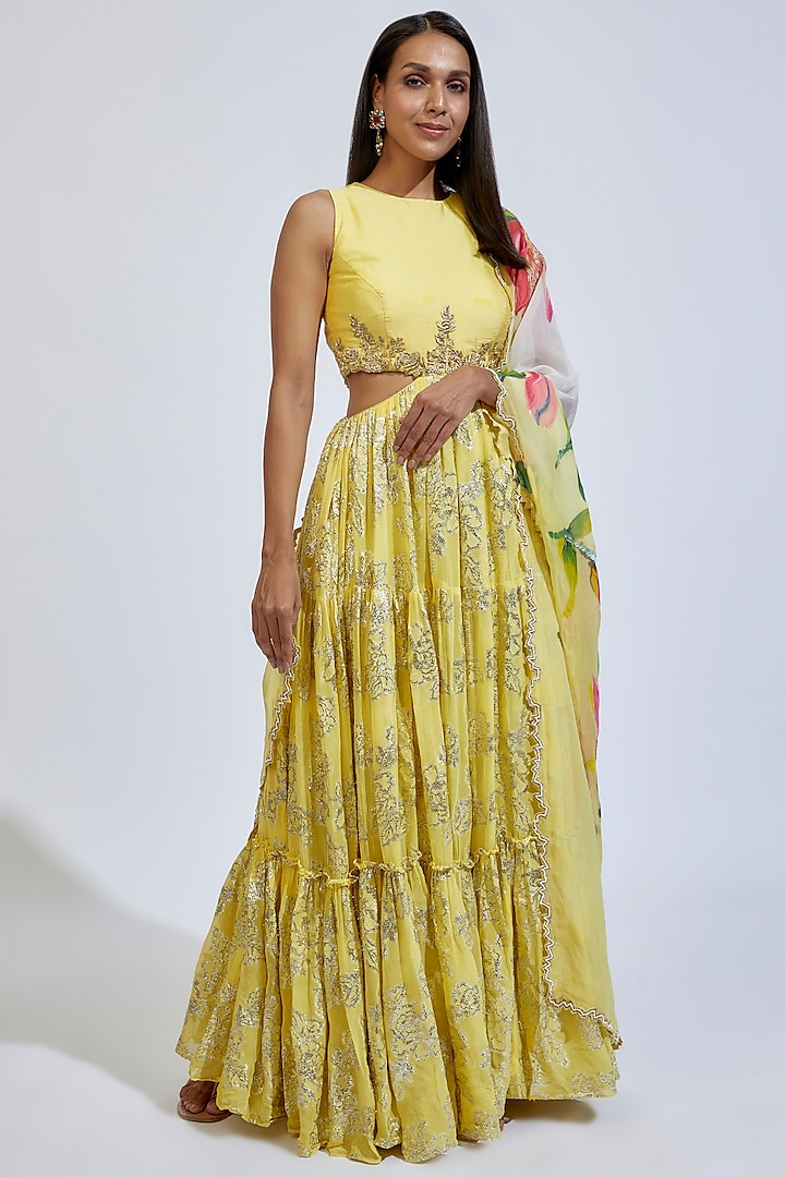 Yellow Silk & Georgette Embroidered Anarkali Set by Kriti Bapna