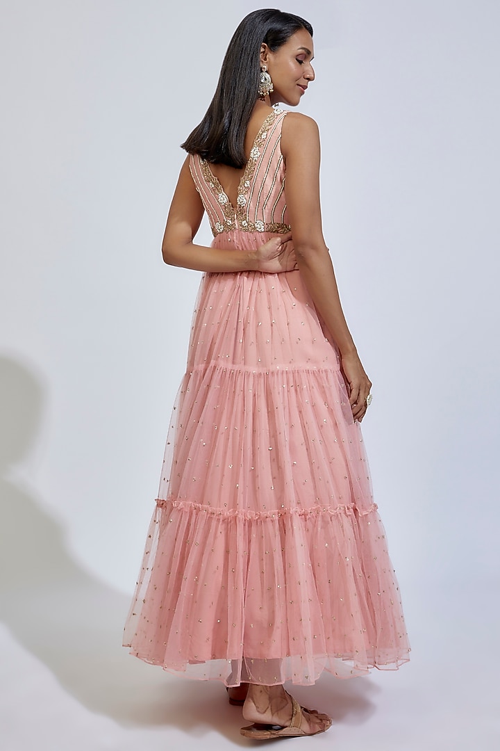 Dark Peach Silk & Net Embroidered Party Wear Anarkali Set by Kriti Bapna at Pernia's Pop Up Shop