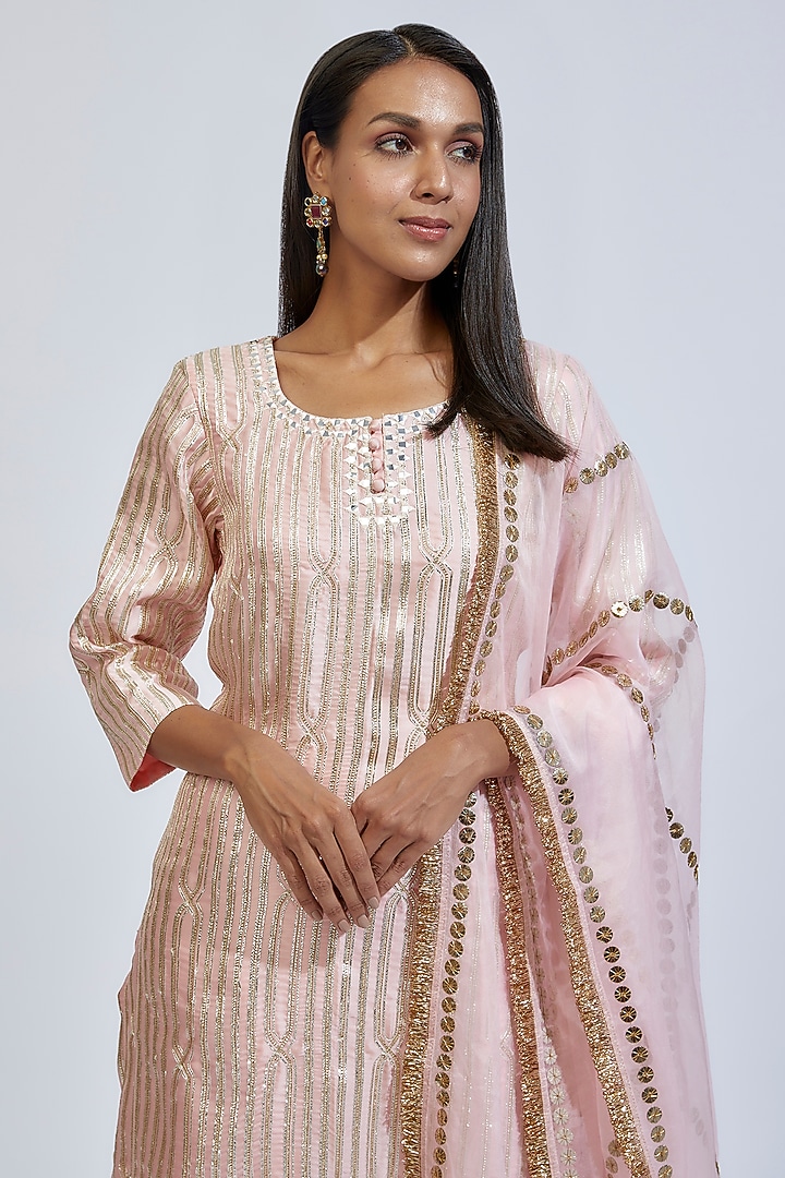 Baby Pink Satin Georgette Embroidered Kurta Set by Kriti Bapna at Pernia's Pop Up Shop