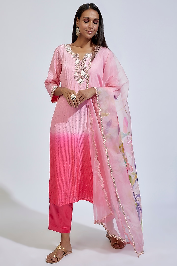 Light & Dark Pink Chinon Embroidered Kurta Set by Kriti Bapna