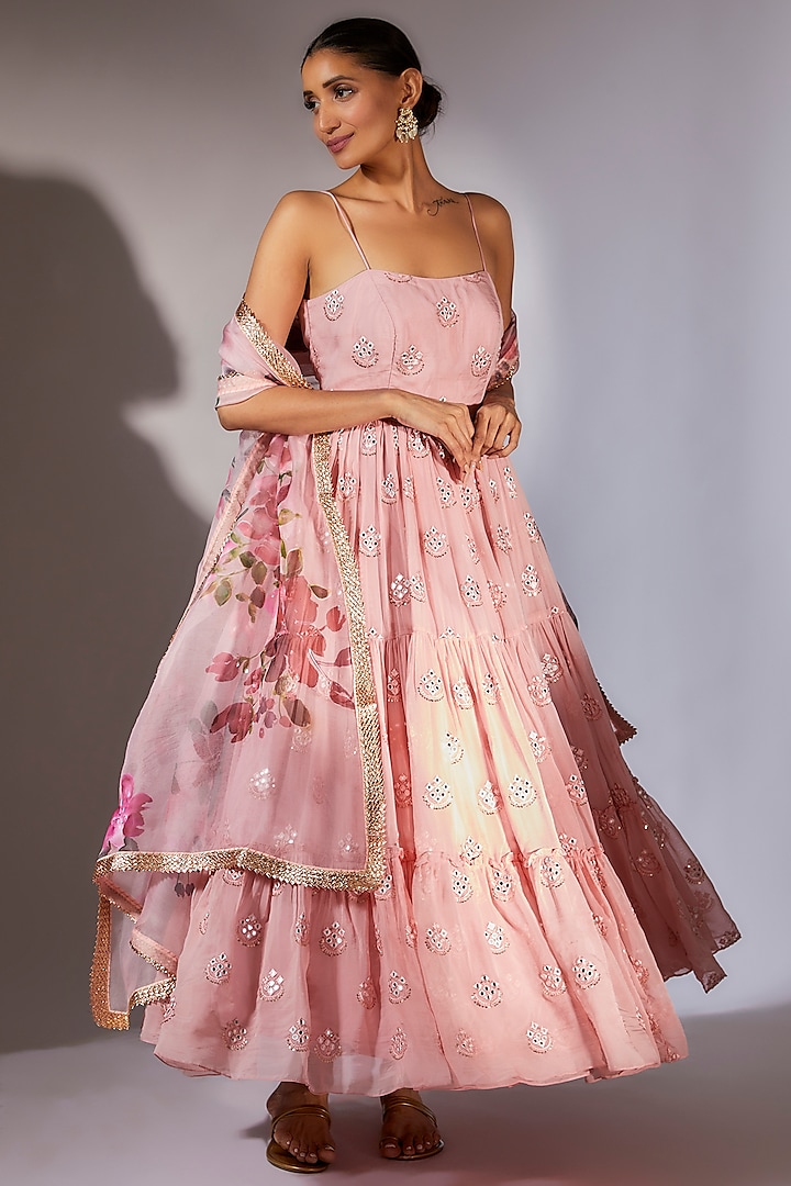 Pink Viscose Organza Embroidered Party Wear Anarkali by Kriti Bapna at Pernia's Pop Up Shop