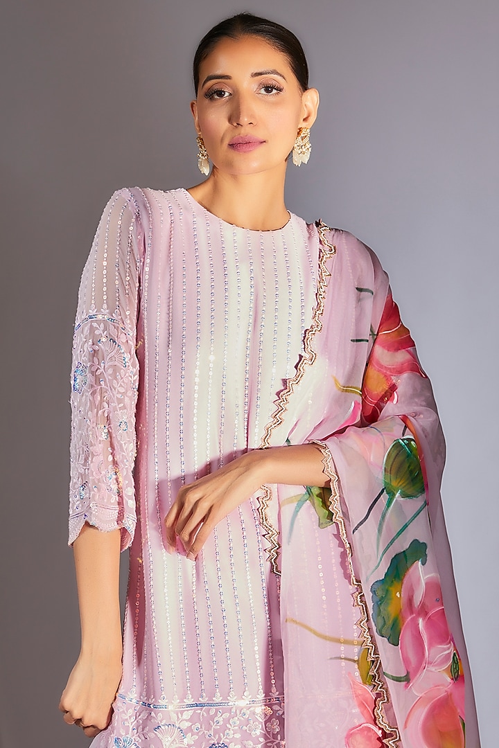 Pink Georgette Embroidered Striped Kurta Set by Kriti Bapna at Pernia's Pop Up Shop