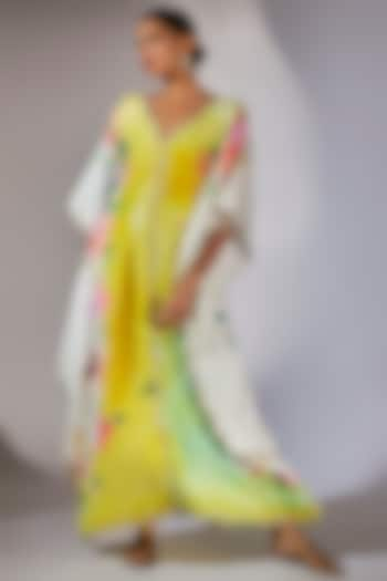 Multi-Colored Silk Satin Embroidered Handpainted Kaftan by Kriti Bapna at Pernia's Pop Up Shop