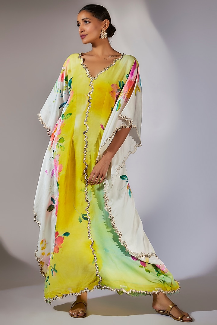 Multi-Colored Silk Satin Embroidered Handpainted Kaftan by Kriti Bapna