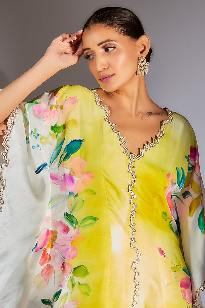 Multi-Colored Silk Satin Embroidered Handpainted Kaftan by Kriti Bapna at Pernia's Pop Up Shop