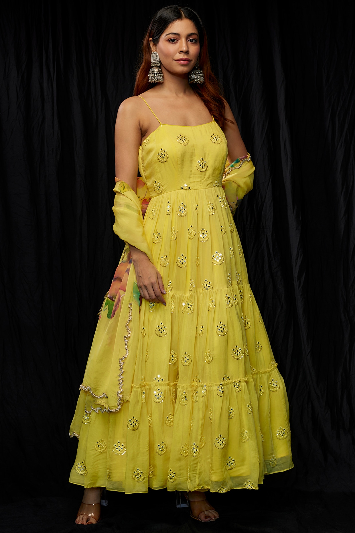 Kriti Bapna Yellow Viscose Organza Tiered Anarkali Set