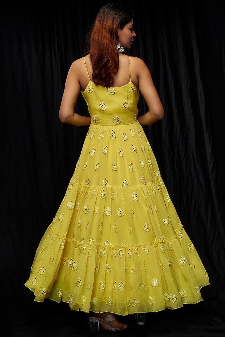 Yellow Viscose Organza Tiered Party Wear Anarkali Set by Kriti Bapna at Pernia's Pop Up Shop
