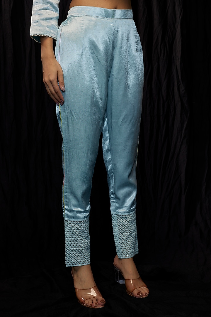 Blue Cotton Satin Kurta Set by Kriti Bapna at Pernia's Pop Up Shop