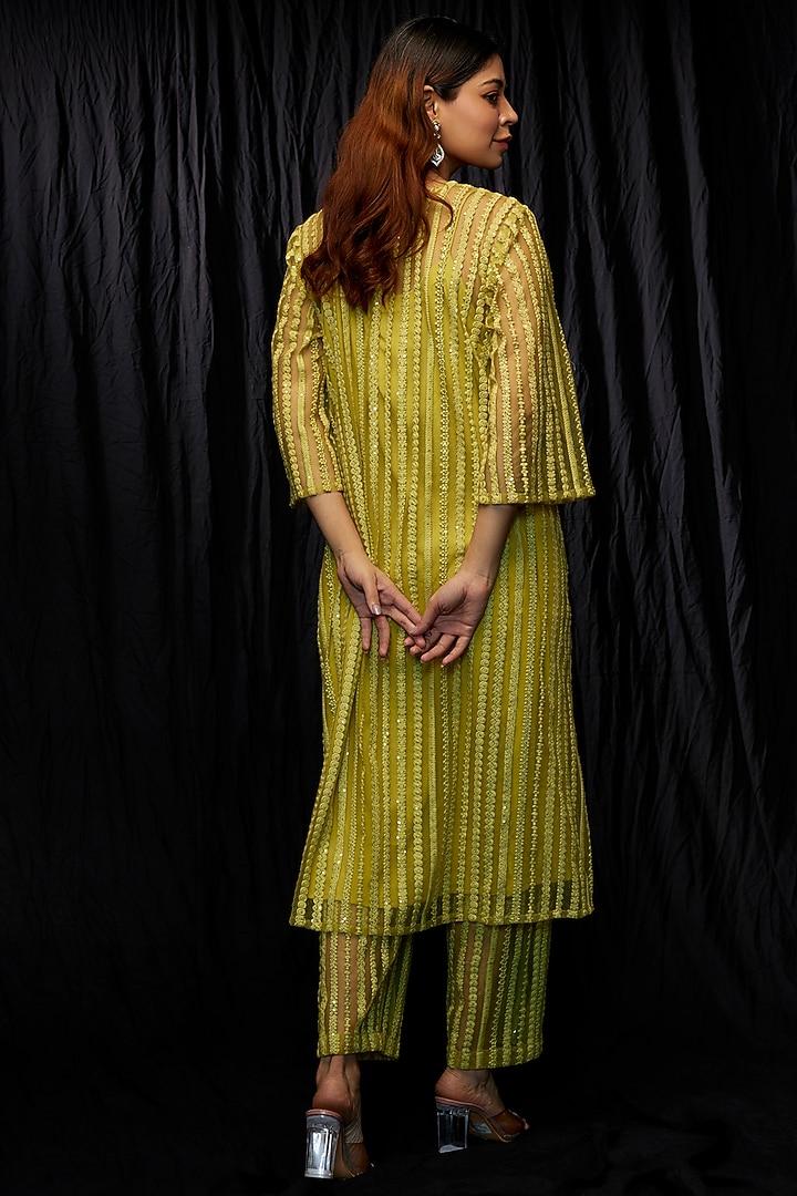Olive Net Embroidered Kurta Set by Kriti Bapna at Pernia's Pop Up Shop