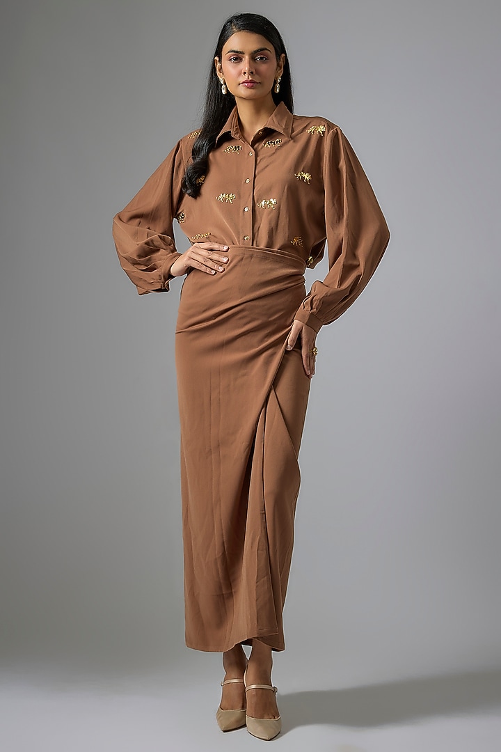 Brown Double Georgette Tie-Up Skirt Set by Kriti Bapna at Pernia's Pop Up Shop