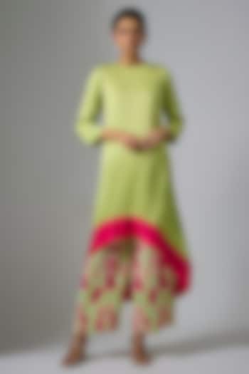 Green Satin Asymmetric Kurta Set by Kriti Bapna at Pernia's Pop Up Shop