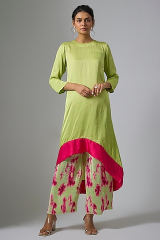 Green Satin Asymmetric Kurta Set by Kriti Bapna