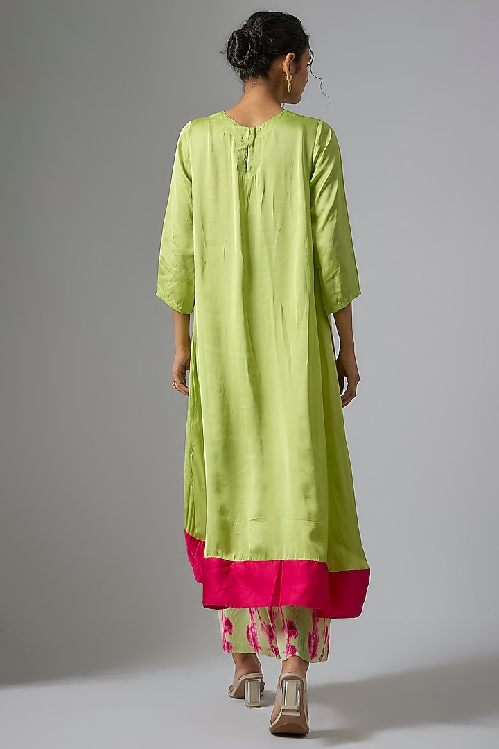 Green Satin Asymmetric Kurta Set by Kriti Bapna at Pernia's Pop Up Shop