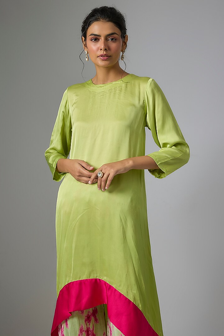 Green Satin Asymmetric Kurta Set by Kriti Bapna at Pernia's Pop Up Shop