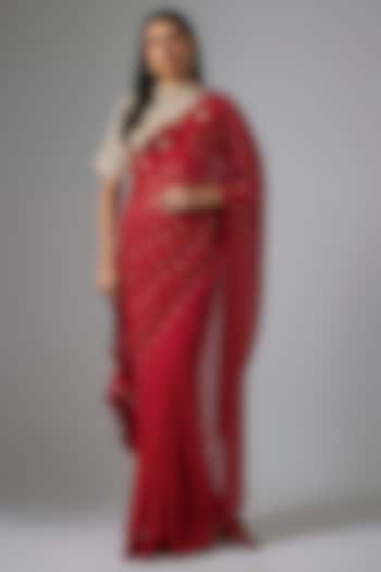 Red Organza Applique Embroidered Wedding Saree Set by Kriti Bapna at Pernia's Pop Up Shop