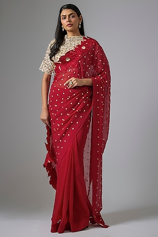 Red Organza Applique Embroidered Saree Set by Kriti Bapna