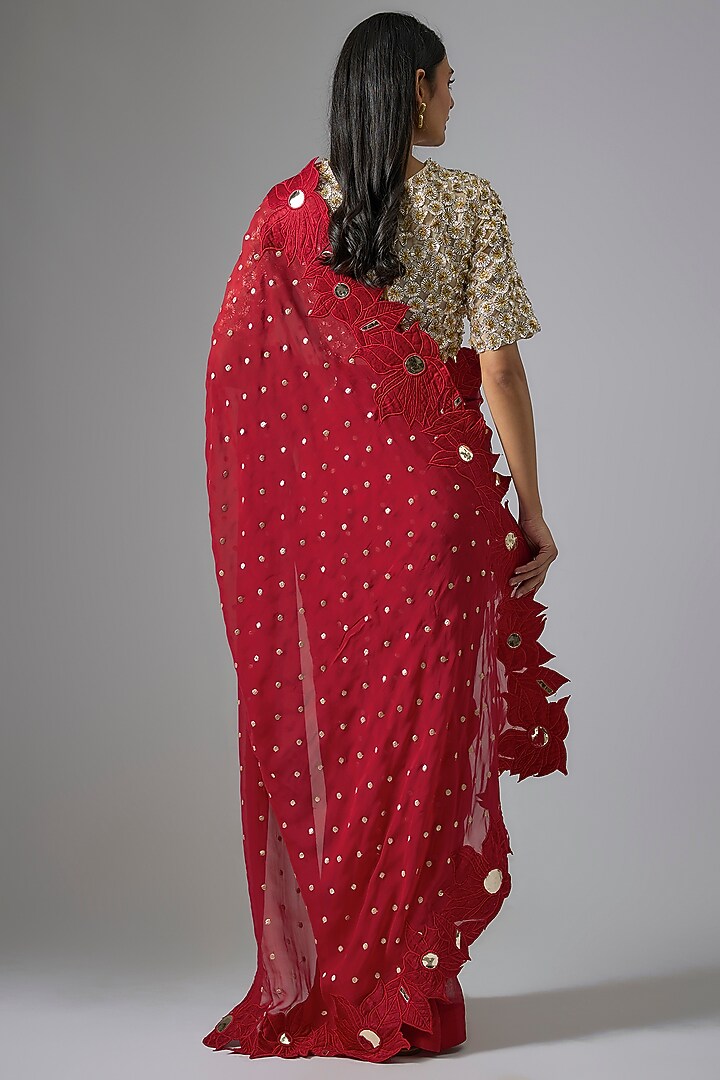 Red Organza Applique Embroidered Wedding Saree Set by Kriti Bapna at Pernia's Pop Up Shop