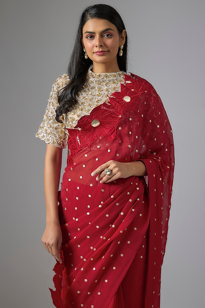 Red Organza Applique Embroidered Wedding Saree Set by Kriti Bapna at Pernia's Pop Up Shop