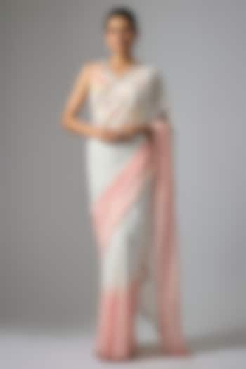 White & Peach Ombre Viscose Organza Cutwork Wedding Saree Set by Kriti Bapna at Pernia's Pop Up Shop