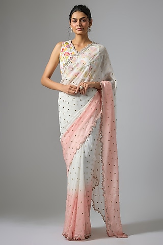 White & Peach Ombre Viscose Organza Cutwork Saree Set by Kriti Bapna