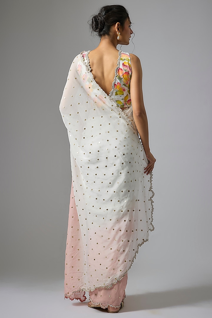 White & Peach Ombre Viscose Organza Cutwork Wedding Saree Set by Kriti Bapna at Pernia's Pop Up Shop