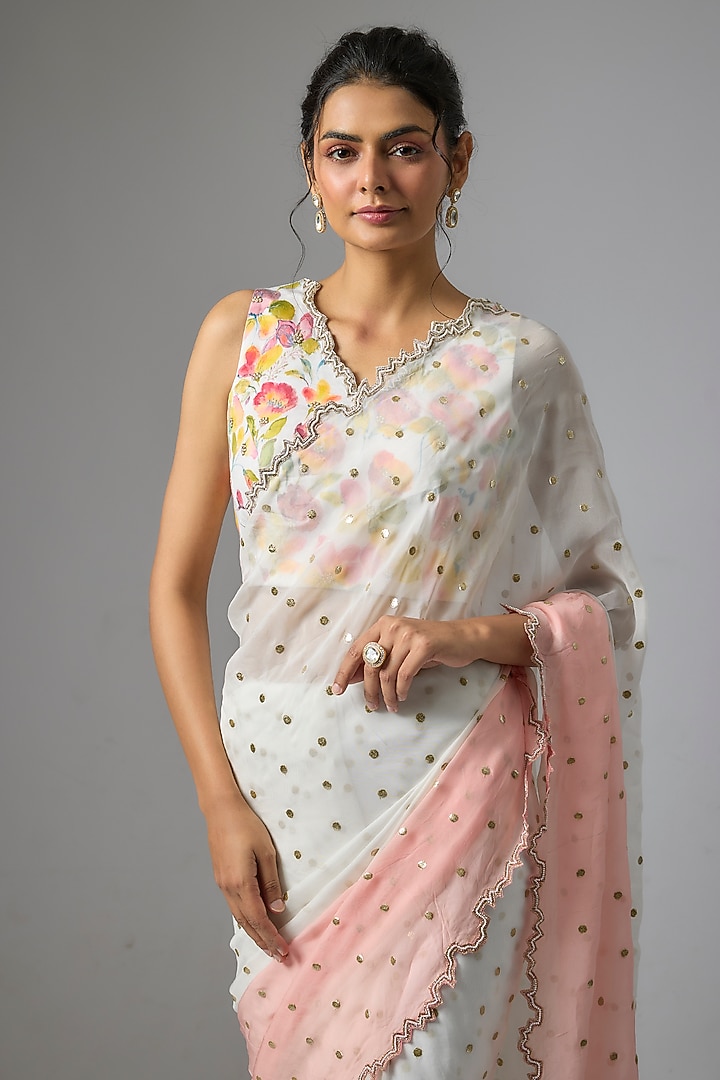 White & Peach Ombre Viscose Organza Cutwork Wedding Saree Set by Kriti Bapna at Pernia's Pop Up Shop