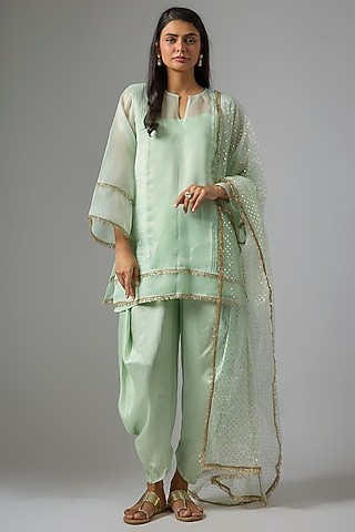 Mint Green Organza Sequins Embroidered Kurta Set by Kriti Bapna