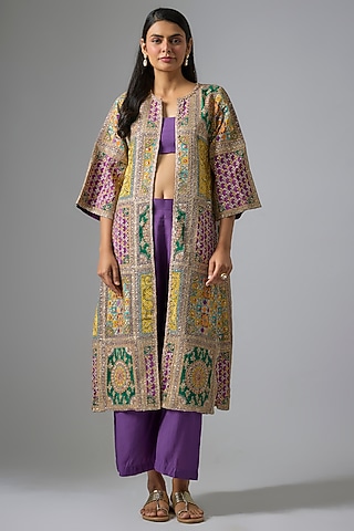 Purple Silk Hand & Machine Embroidered Jacket Set by Kriti Bapna