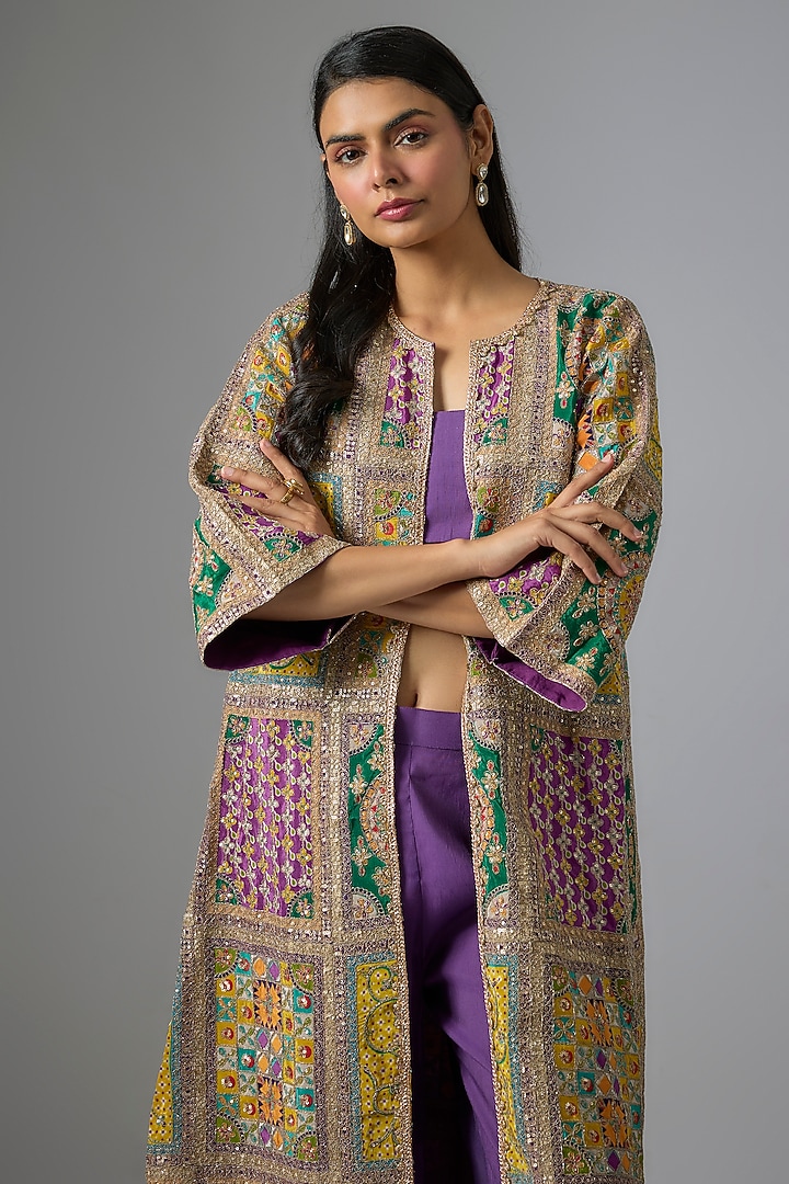 Purple Silk Hand & Machine Embroidered Jacket Set by Kriti Bapna at Pernia's Pop Up Shop
