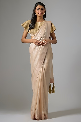 Gold Shimmer Organza Dori Embroidered Saree Set by Kriti Bapna