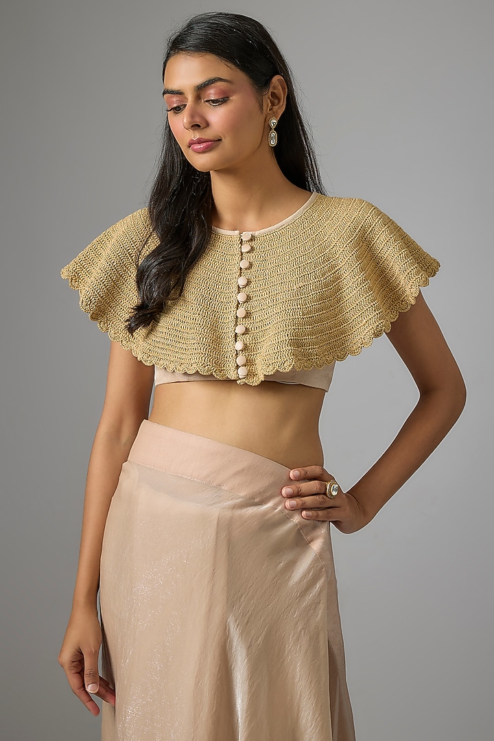 Gold Shimmer Organza Dori Embroidered Wedding Saree Set by Kriti Bapna at Pernia's Pop Up Shop