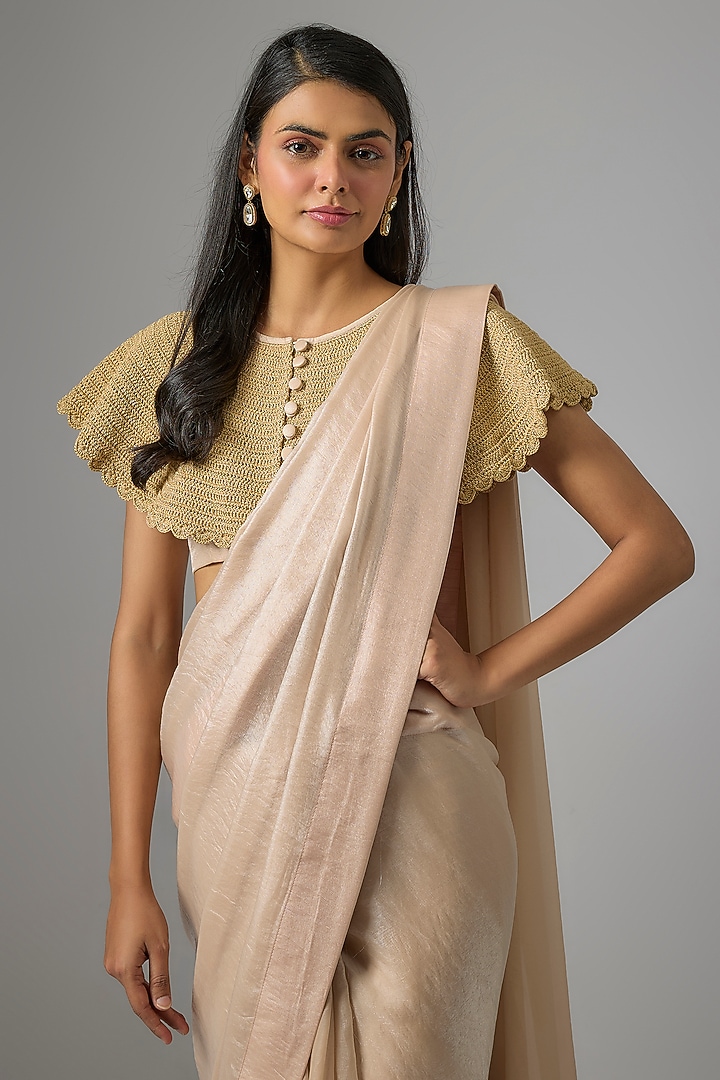 Gold Shimmer Organza Dori Embroidered Wedding Saree Set by Kriti Bapna at Pernia's Pop Up Shop