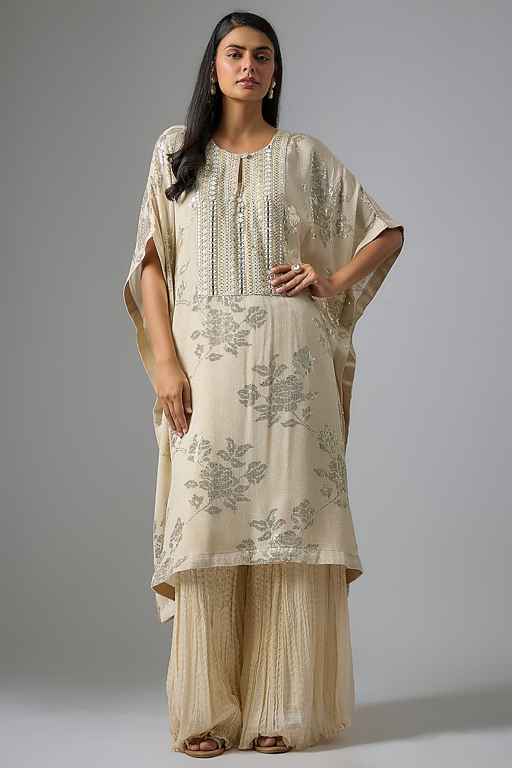 Beige Georgette Sequins Embroidered & Printed Kurta Set by Kriti Bapna at Pernia's Pop Up Shop
