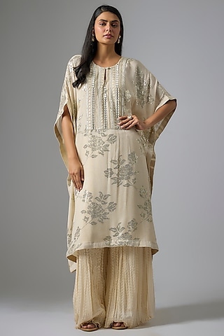 Beige Georgette Sequins Embroidered & Printed Kurta Set by Kriti Bapna