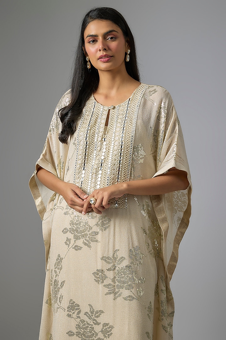 Beige Georgette Sequins Embroidered & Printed Kurta Set by Kriti Bapna at Pernia's Pop Up Shop