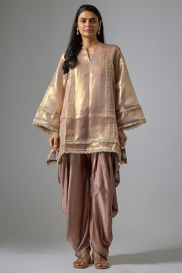Brown & Gold Shimmer Organza Foil Embroidered Kurta Set by Kriti Bapna at Pernia's Pop Up Shop