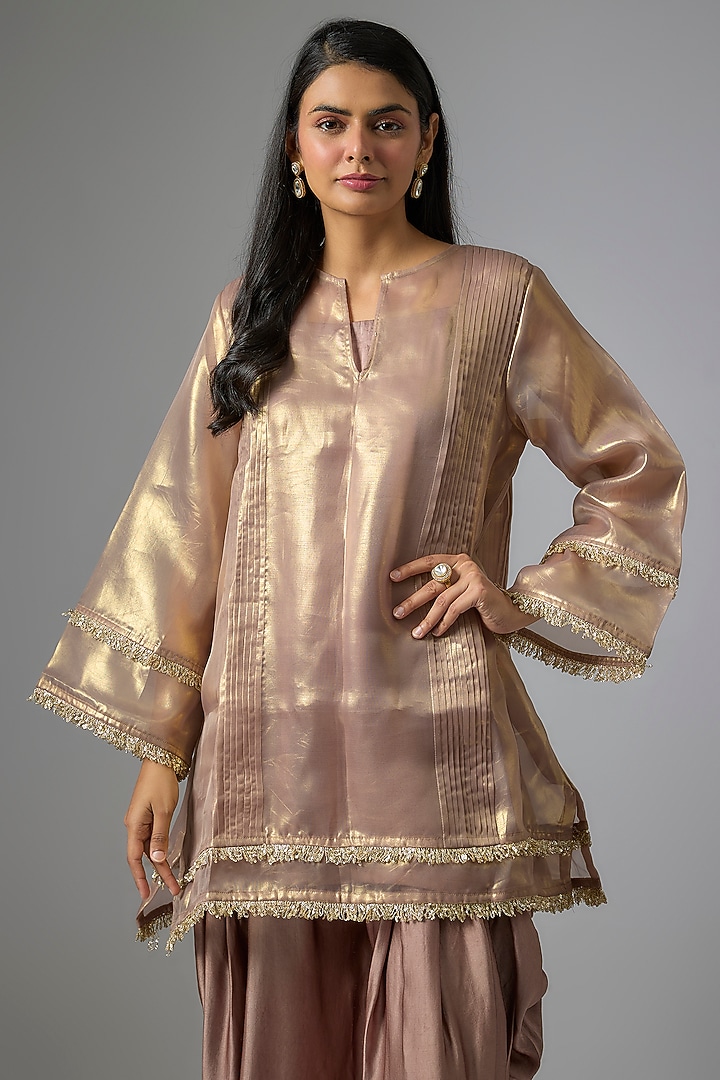 Brown & Gold Shimmer Organza Foil Embroidered Kurta Set by Kriti Bapna at Pernia's Pop Up Shop