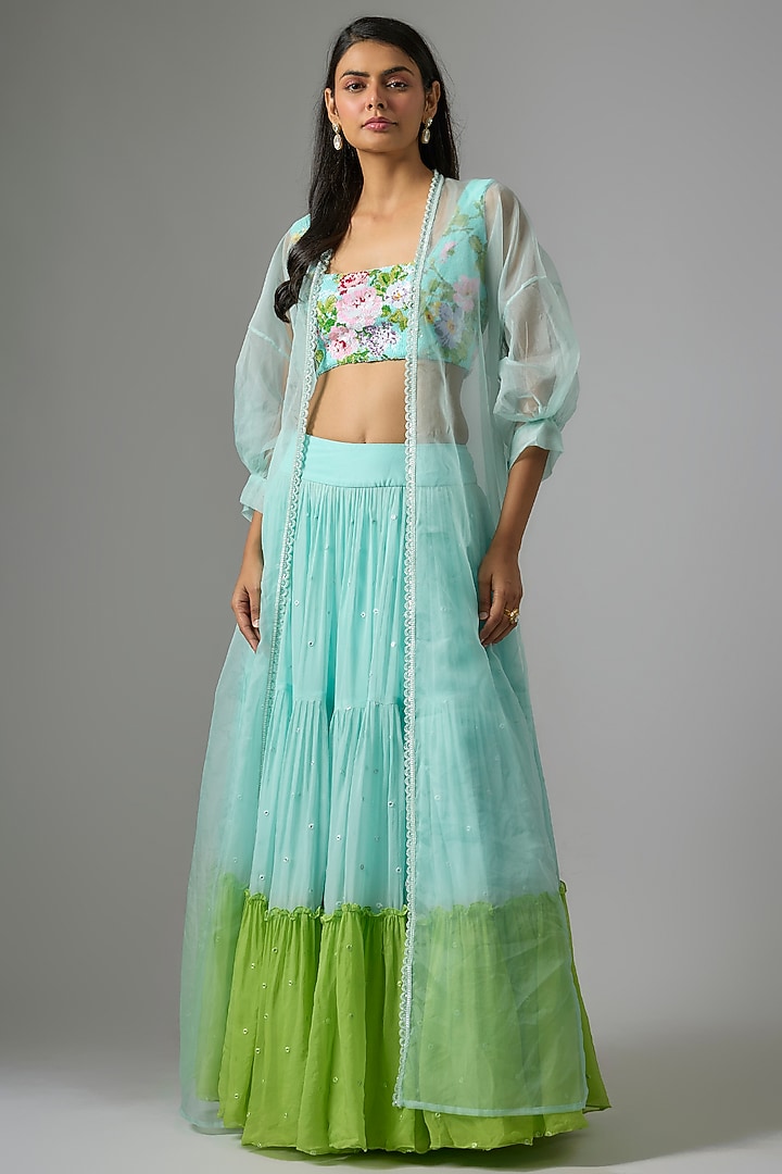 Multi-Colored Viscose Organza Tiered Jacket Wedding Lehenga Set by Kriti Bapna at Pernia's Pop Up Shop