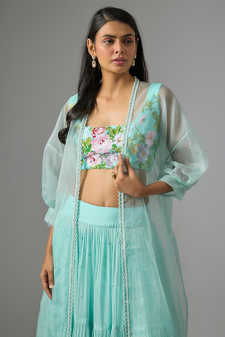 Multi-Colored Viscose Organza Tiered Jacket Wedding Lehenga Set by Kriti Bapna at Pernia's Pop Up Shop