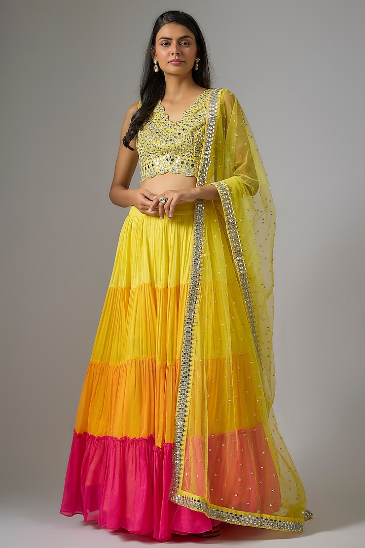 Multi-Colored Viscose Organza Tiered Wedding Lehenga Set by Kriti Bapna at Pernia's Pop Up Shop